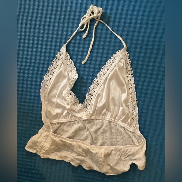 White shimmer linen tie back halter neck top size m - Picture 3 of 6